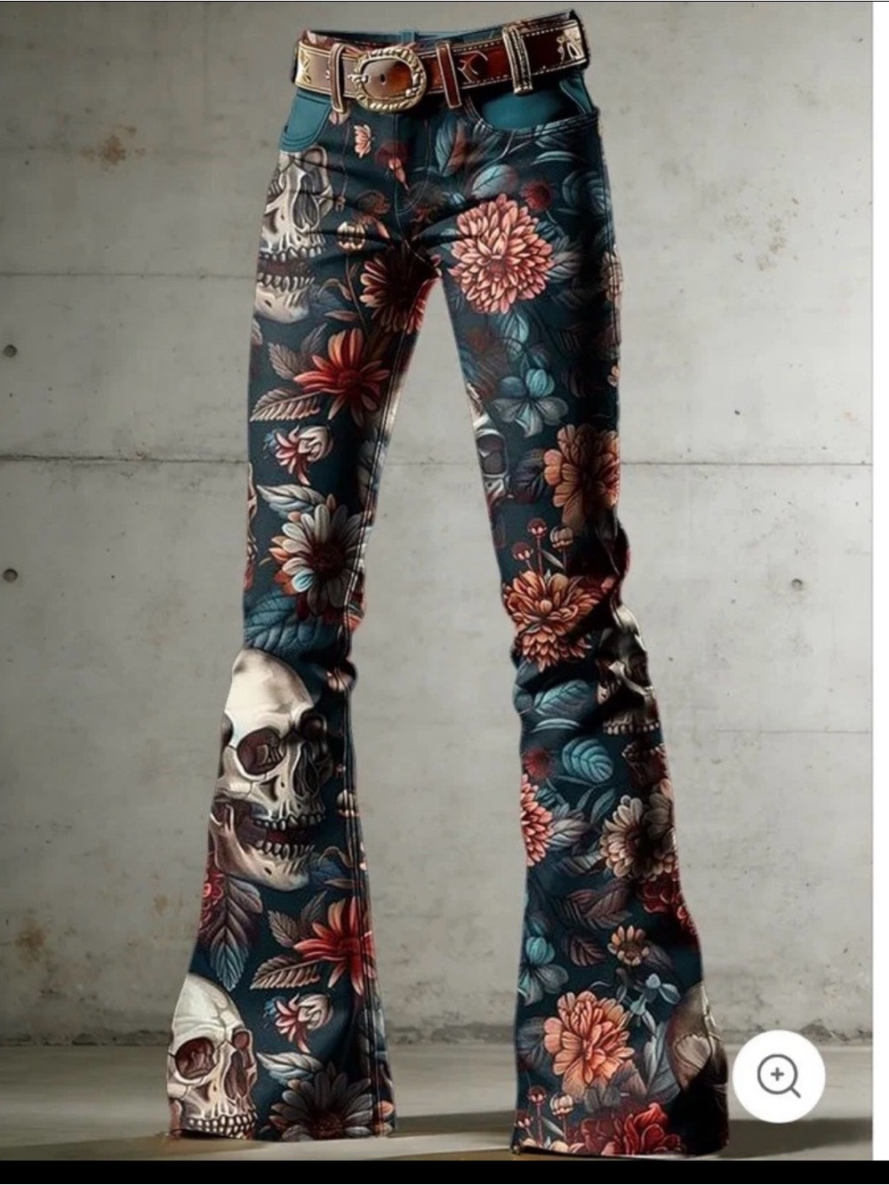 Women's Floral Skull Print Flared pants - Teal Sz L